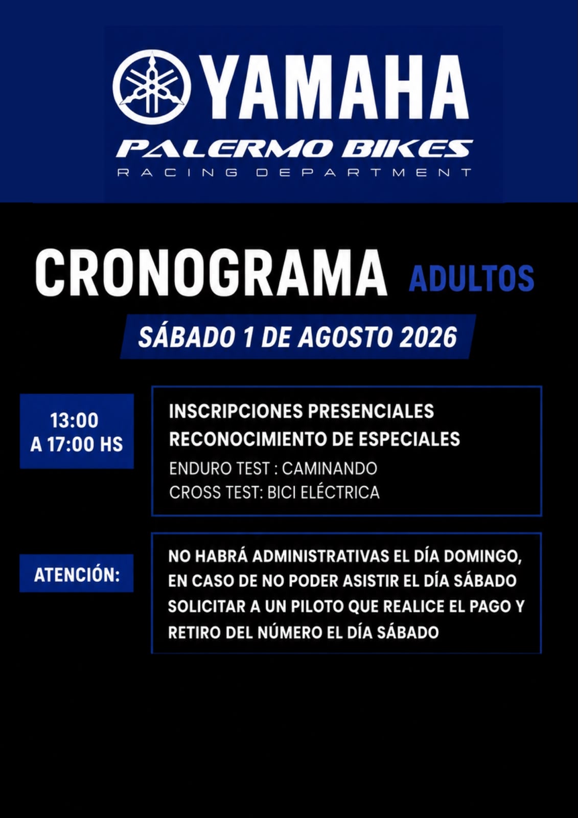 Cronograma de adultos del sábado 1 de agosto